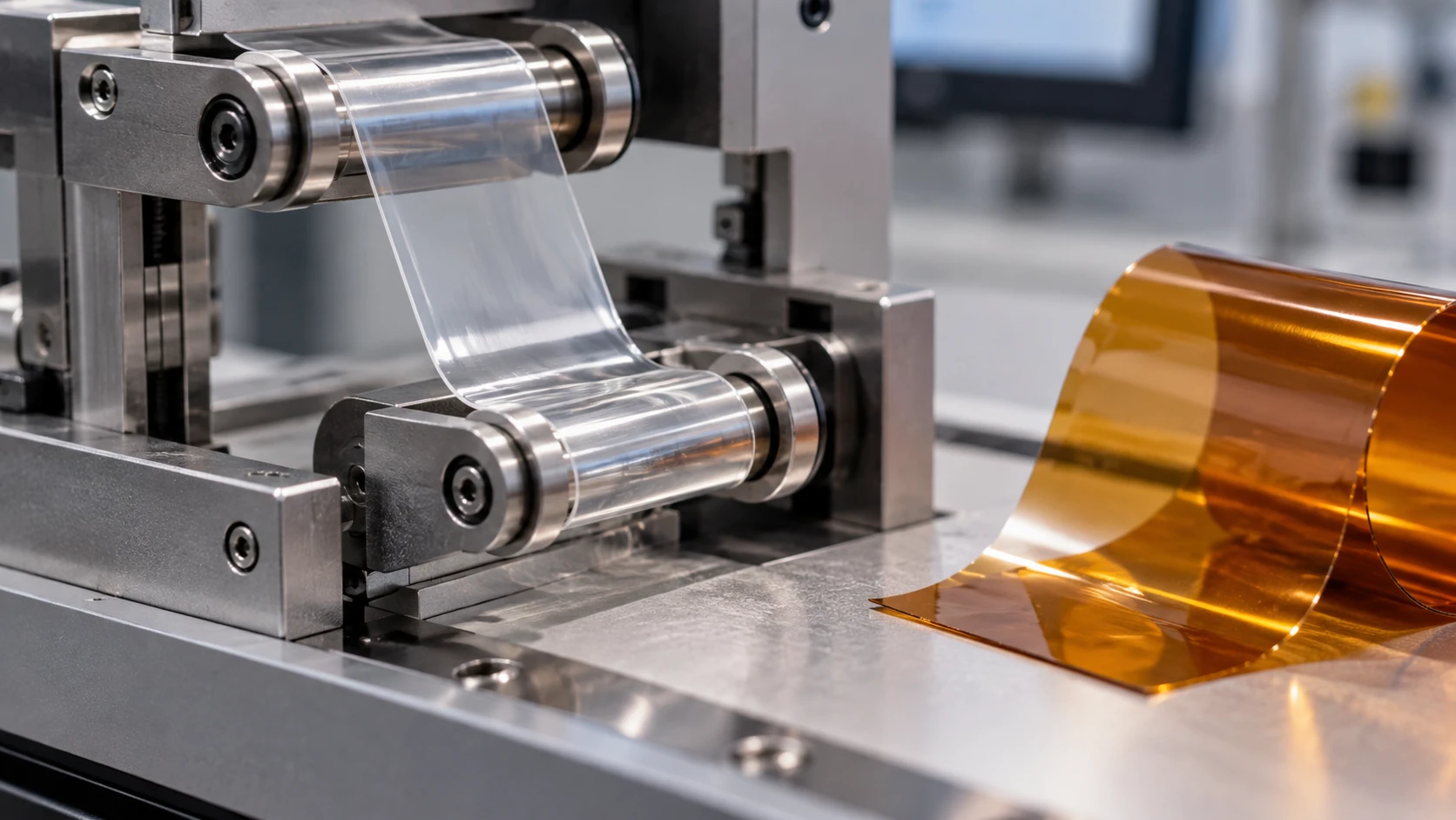 Conceptual image of a colourless, transparent thin film folded in two along a smooth curve, with a folding test machine and a strip of amber film beside it