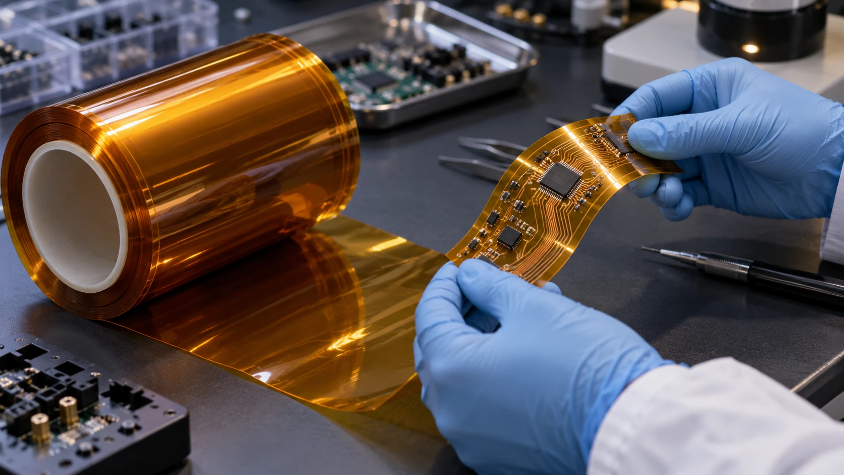 Conceptual image of a bright processing room where a thin, translucent amber film unwinds from a roll and is wound up, while in the foreground a gloved hand holds a bent piece of amber film carrying copper circuitry