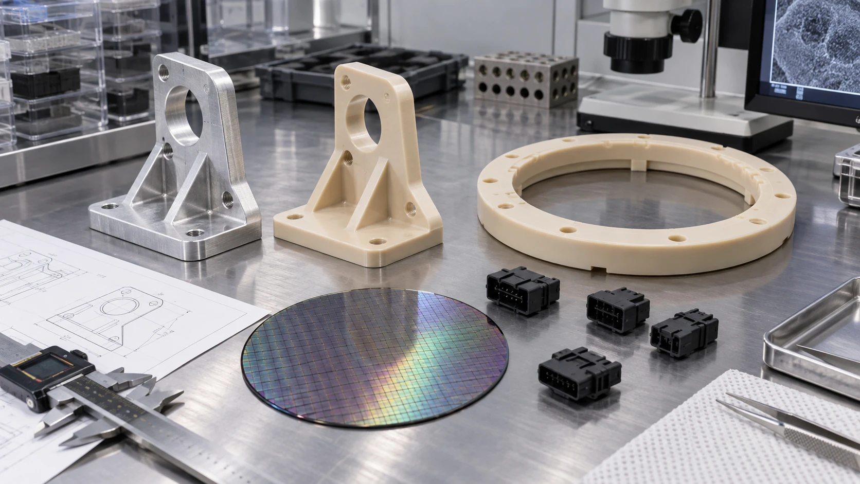 Conceptual image of a bright inspection table with aluminium and resin brackets of the same shape, a silicon wafer with a thick resin ring, and a small black connector housing