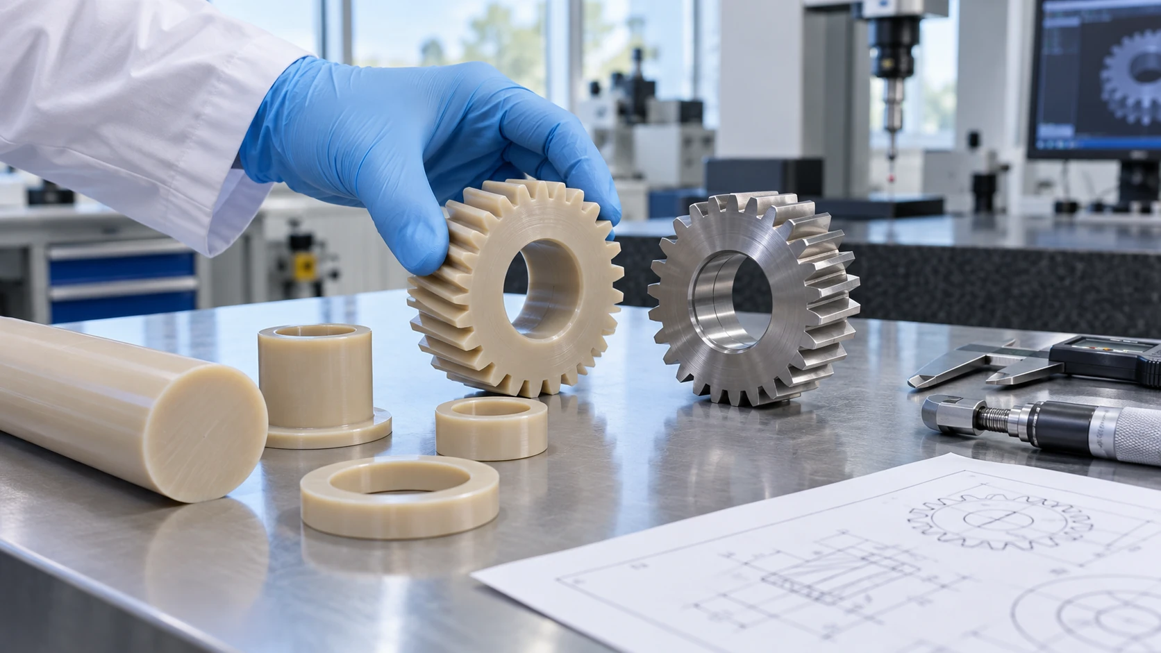 Conceptual image of a bright machining room bench with pale tan resin round bars, a gear, a bushing and a ring beside an identically shaped silver metal gear, while a gloved hand lifts the resin gear