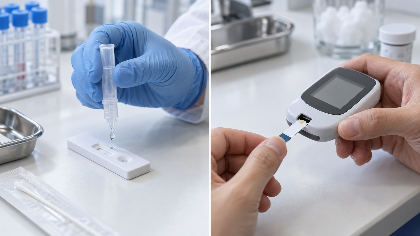 Hero image: a hand dropping liquid on a test cassette, and a hand inserting a strip into a meter