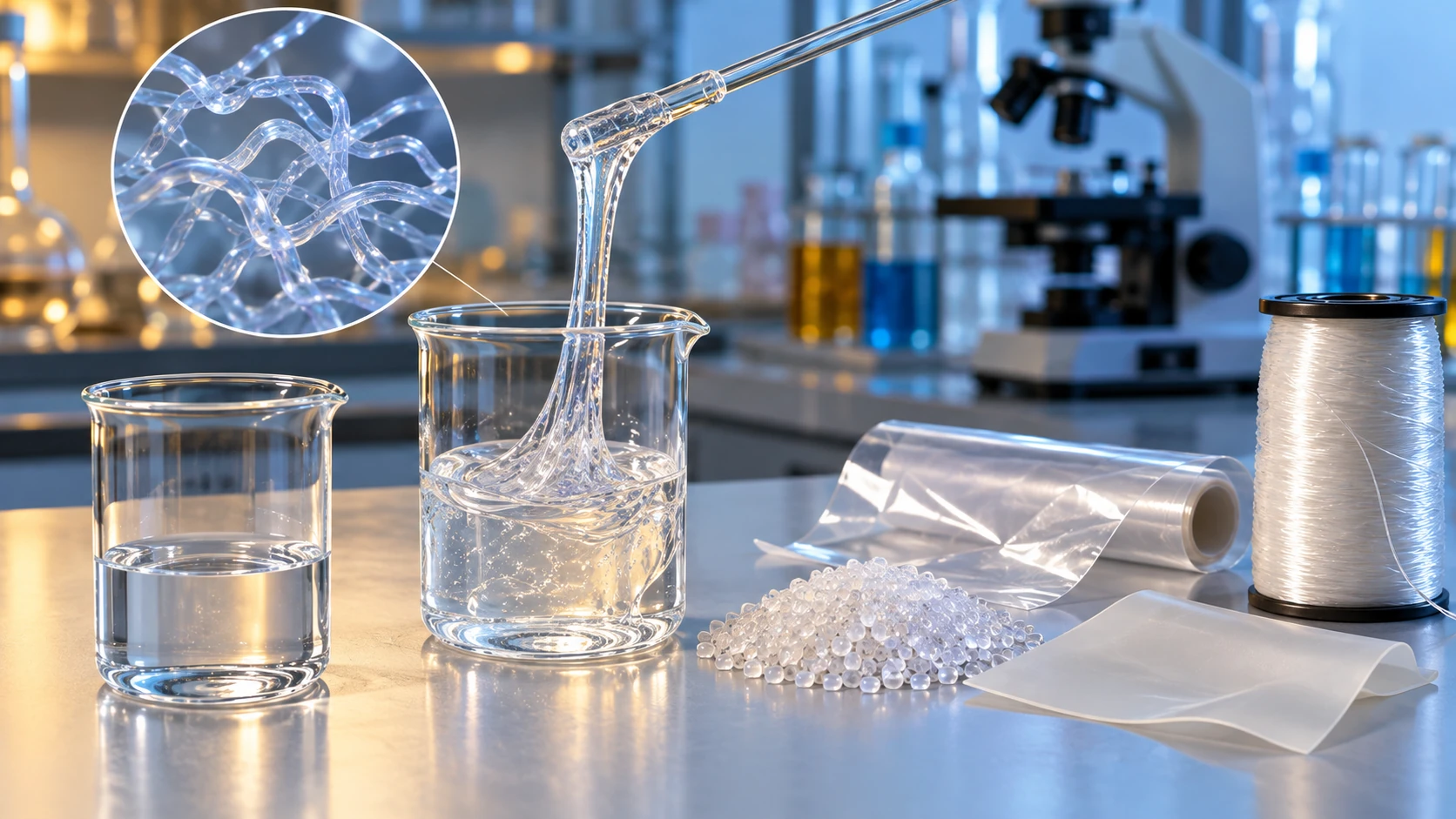 Conceptual image of a laboratory bench with a beaker of thin colorless liquid, a beaker of viscous liquid drawn into a thread by a glass rod, and pellets, film, rubber and a spool of fiber, with a magnified inset at upper left showing entangled fine threads