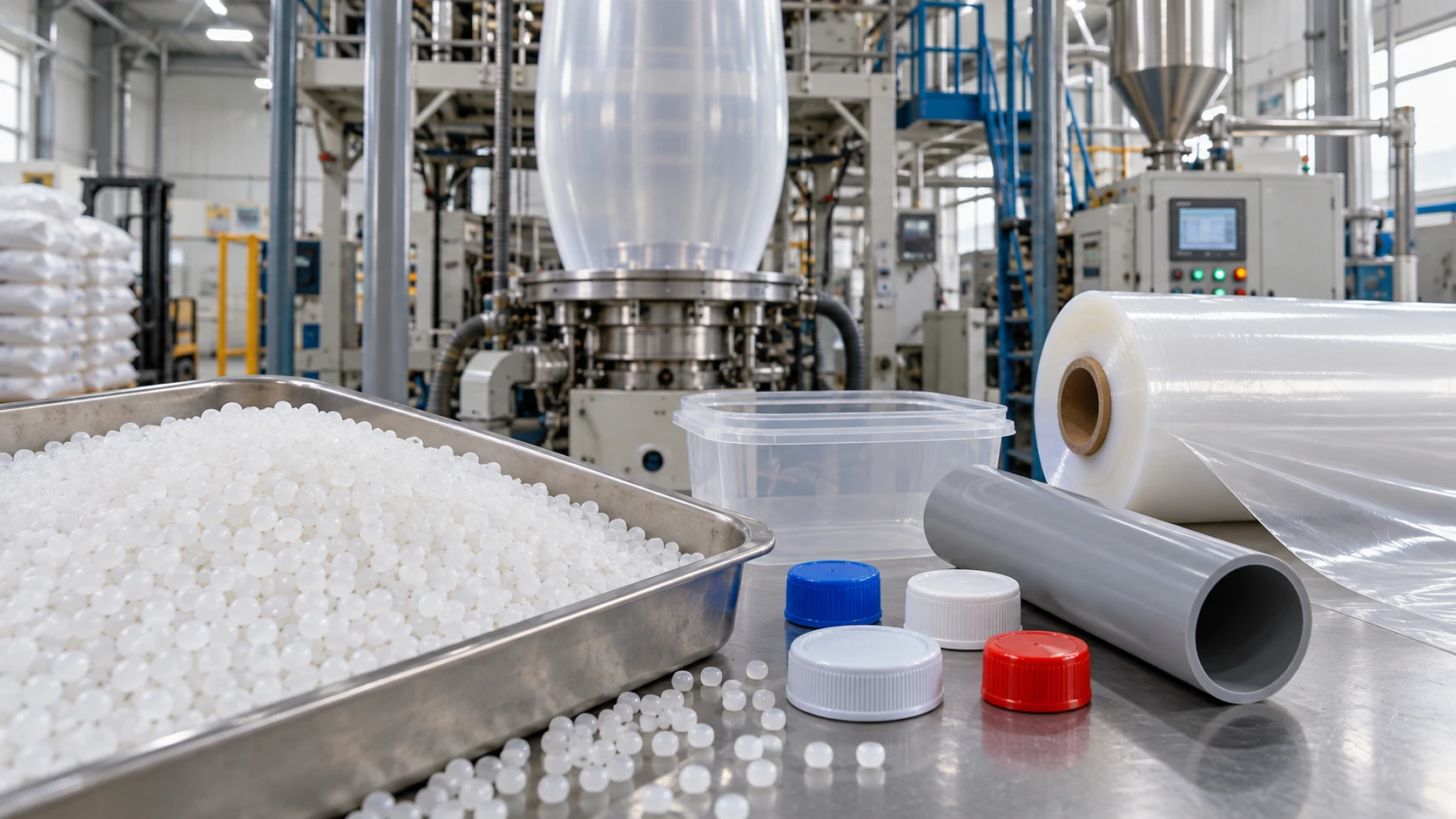 Conceptual image of a plastics processing plant: a heap of translucent milky-white pellets in the foreground, a film-blowing tower with an inflated tube of clear film at the center rear, and bottle caps, a storage container, a short pipe and a roll of film at the right