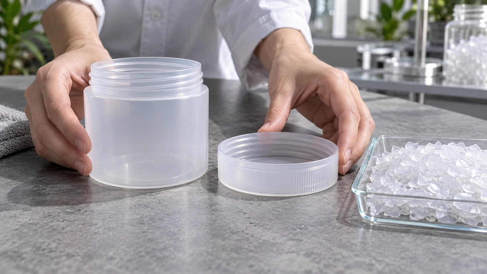 On a work bench, from left to right: a plain container made only of the same milky-white resin, the same container taken apart into lid and body, and a single kind of crushed flake