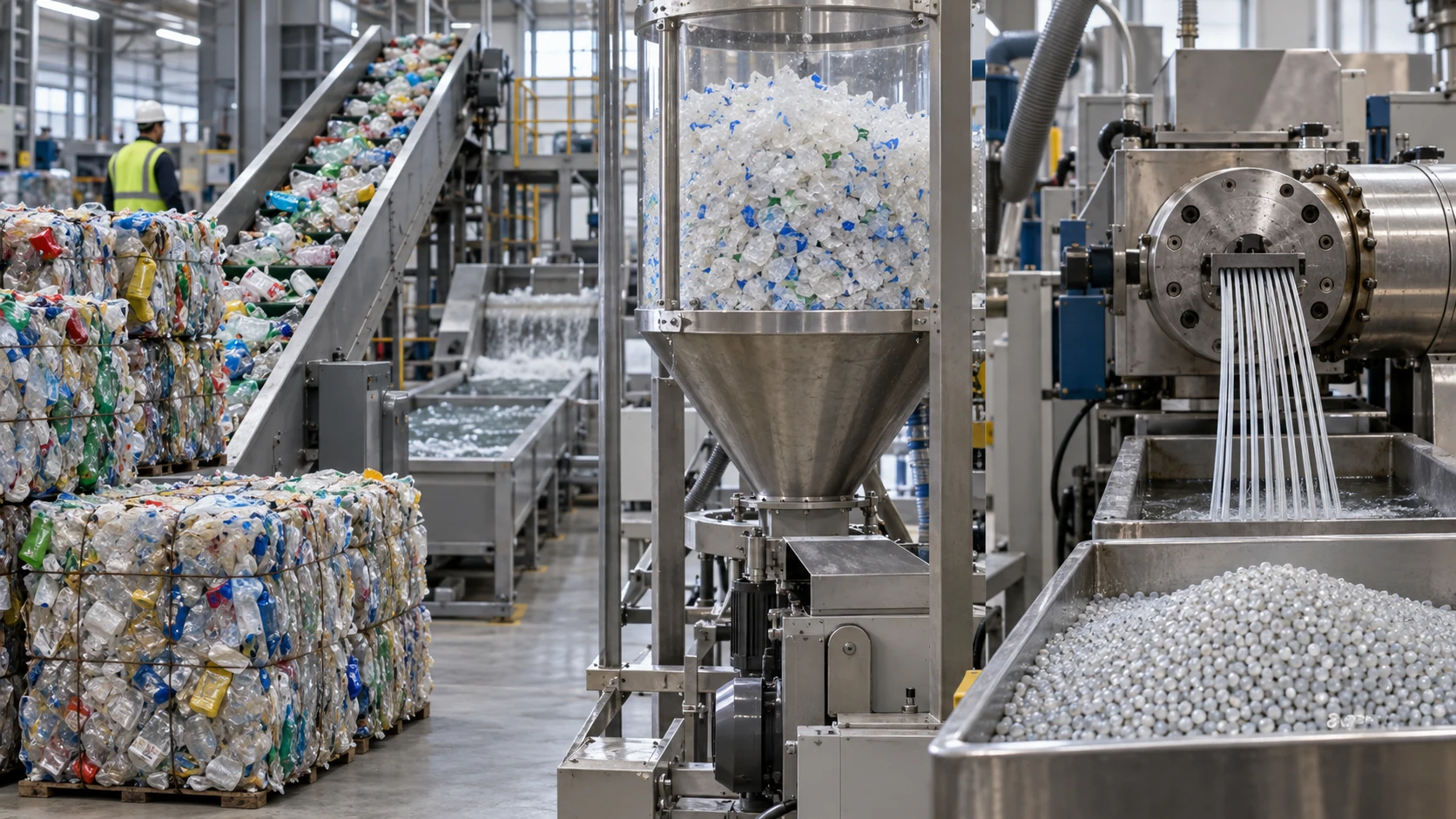 A bright, clean recycling plant with, from left to right, compressed bales, sorting on a conveyor, washed resin flakes, and strands and recycled pellets coming out of an extruder
