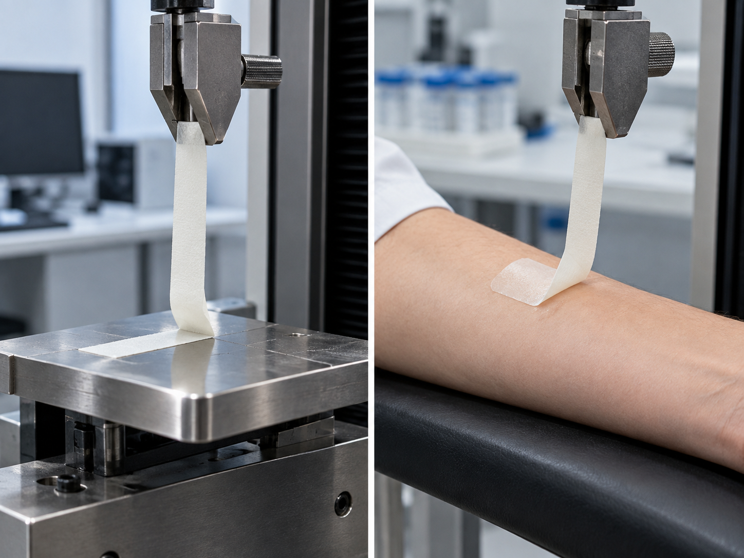 Fig. 8: tape on a steel plate and tape on a forearm, each peeled at 180° by a testing machine