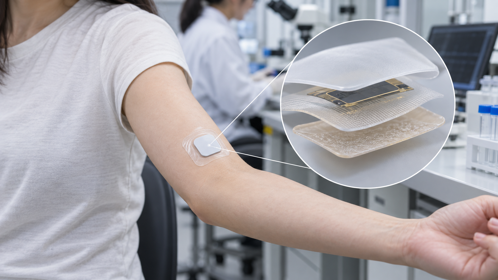 Hero image: a patch sensor on a forearm, with a magnified window showing its layers