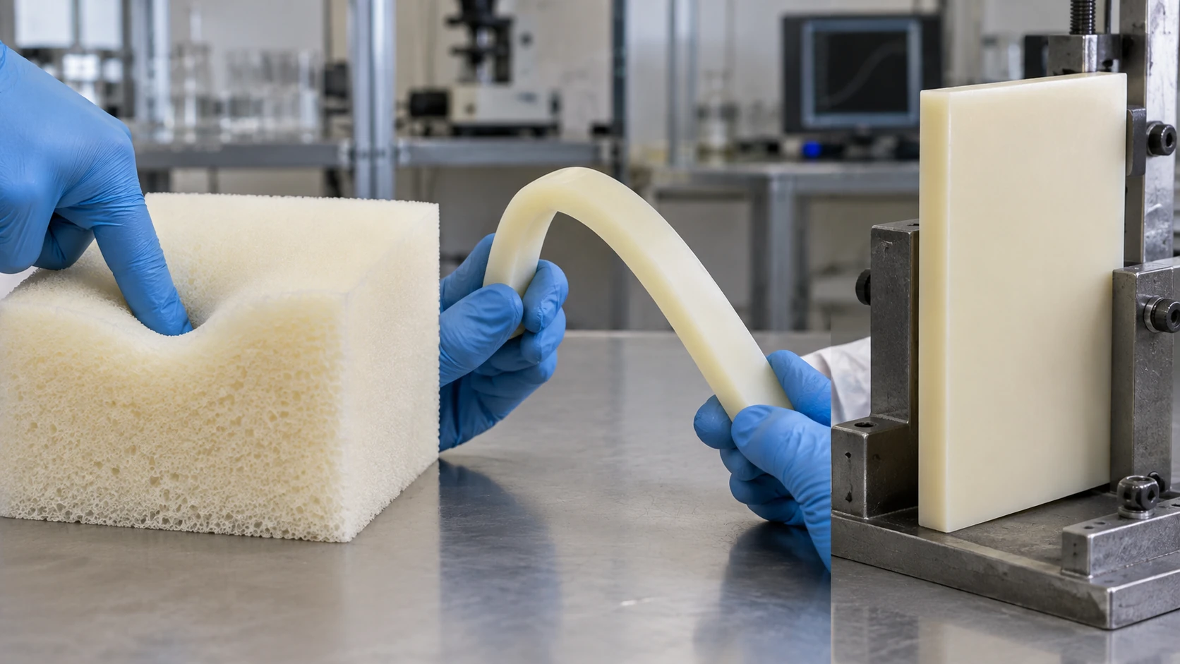 Conceptual image of a soft block, a springy bar and a hard plate, all in the same pale colour, lined up in a row while gloved hands press, bend and push on them to test their hardness