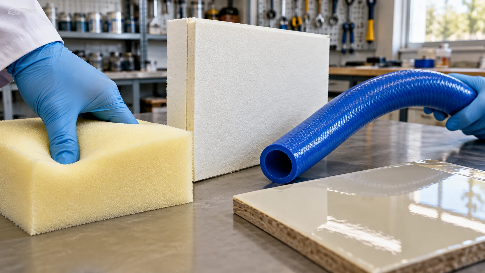 Conceptual image of a bright laboratory bench with a yellow soft foam block, a pale cream rigid foam panel, a flexible blue hose and a glossy coated panel, while a gloved hand presses the foam