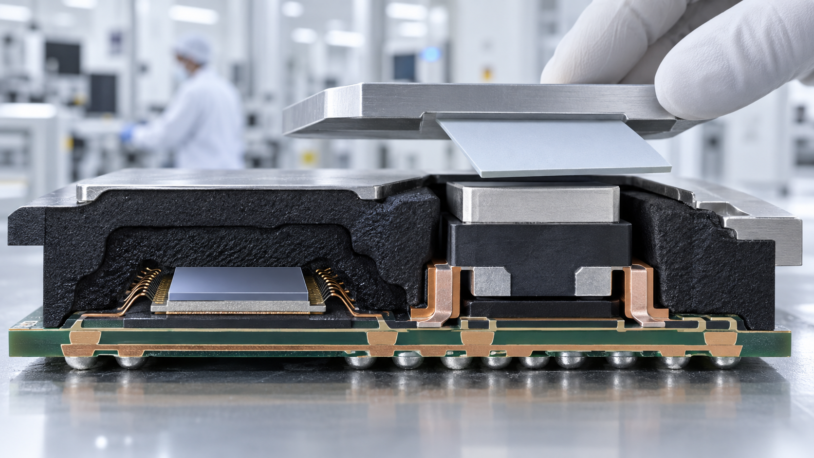 Concept image: encapsulating a semiconductor package, with the chip-bonding film and a thermal sheet