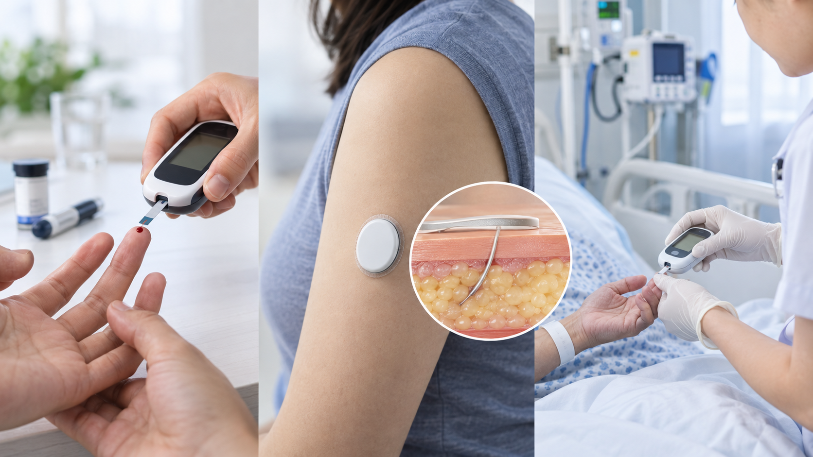 Concept image: three ways of measuring glucose (a fingertip blood sample on a test strip, a continuous sensor on the upper arm, and a hospital bedside measurement)