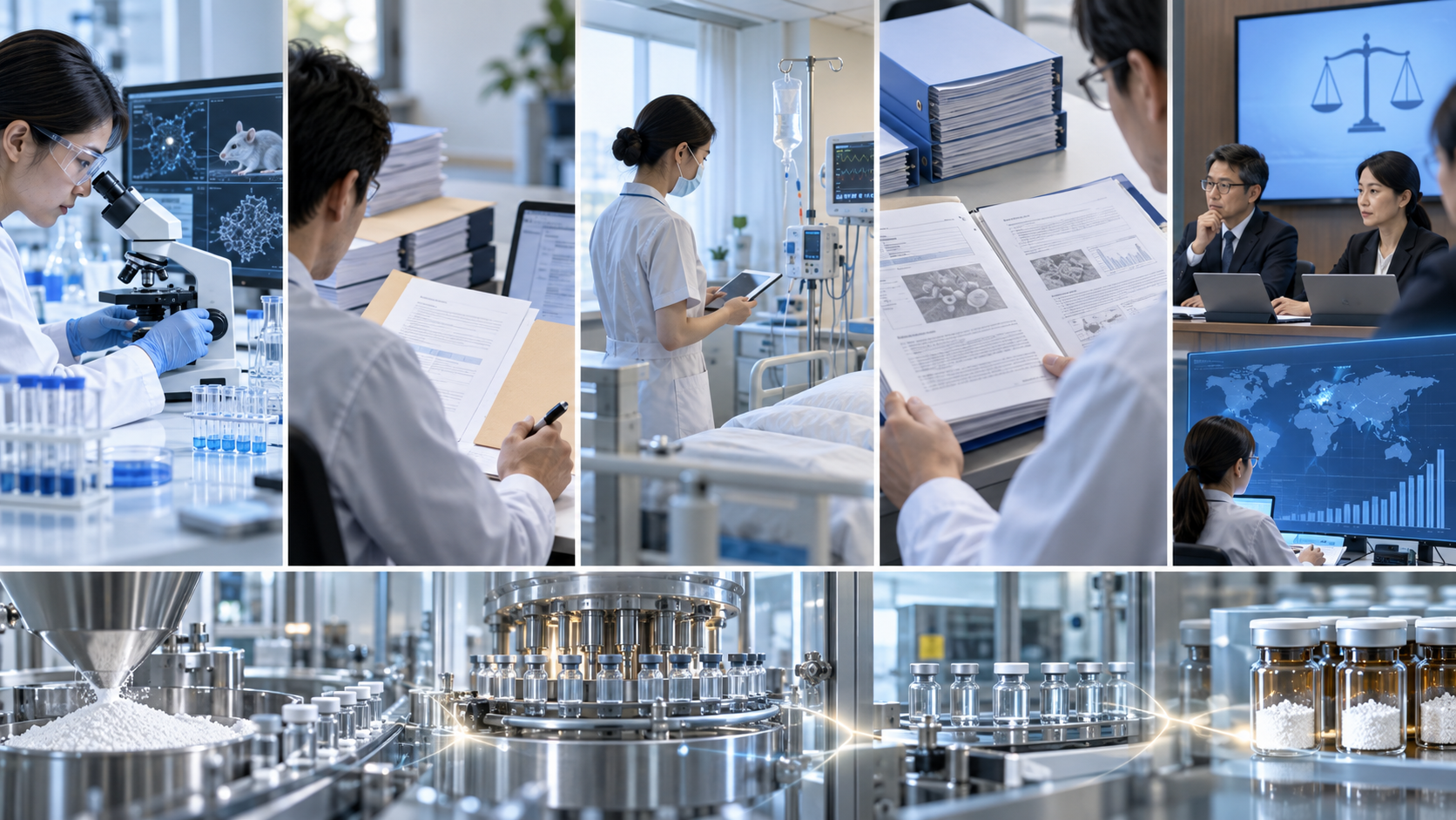 Laboratory, clinical and dossier scenes evoke the path to a regulatory submission