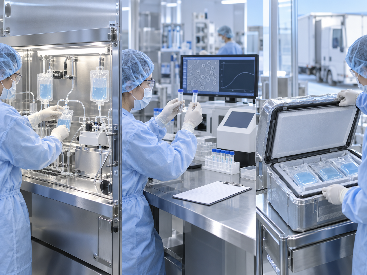 Conceptual scene showing small-volume closed-system cell-product manufacturing, testing and recording of samples, then placement into a transport container