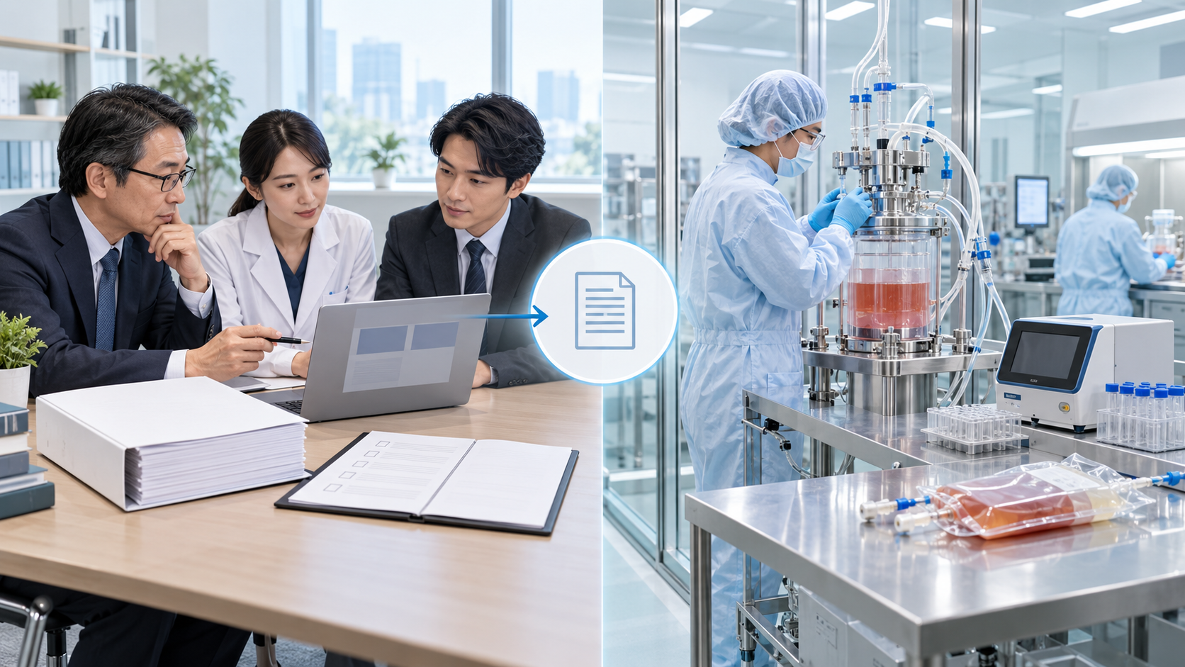 Conceptual scene with development and review documents on the left and closed-system cell-product manufacturing and quality-control equipment on the right