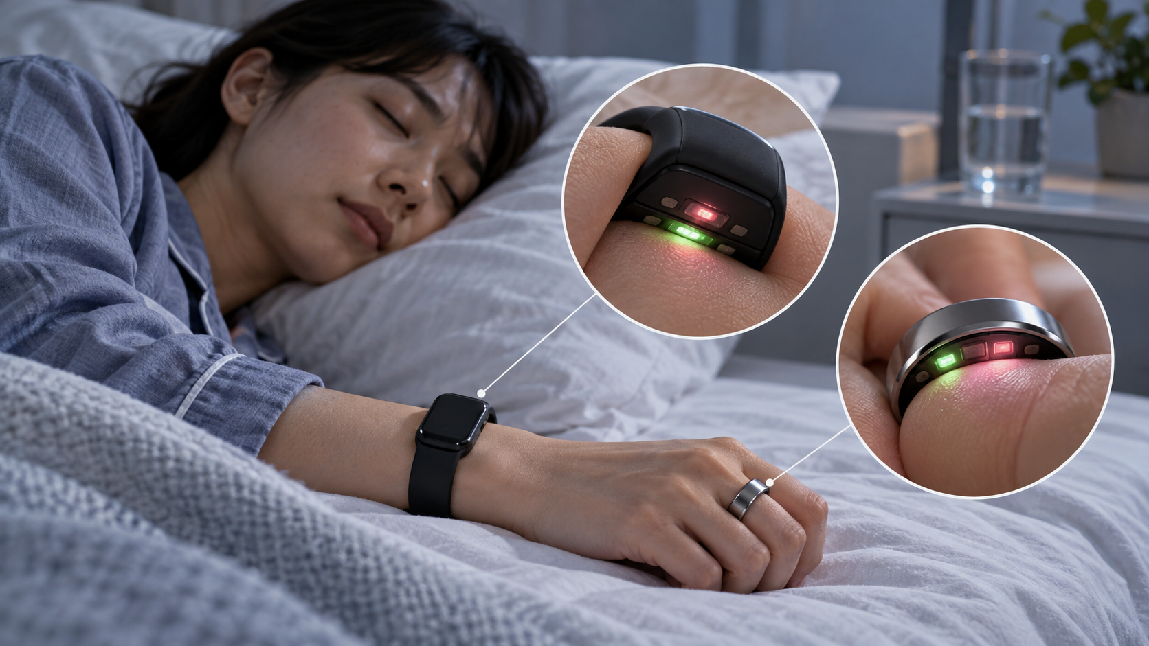 Concept image: a sleeping person's wrist-worn device and ring, with light entering the skin and returning to a sensor