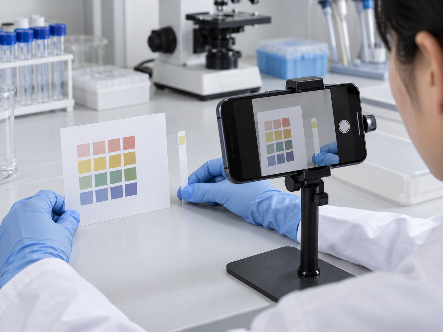 Fig. 3: photographing a test strip and a colour board with a smartphone