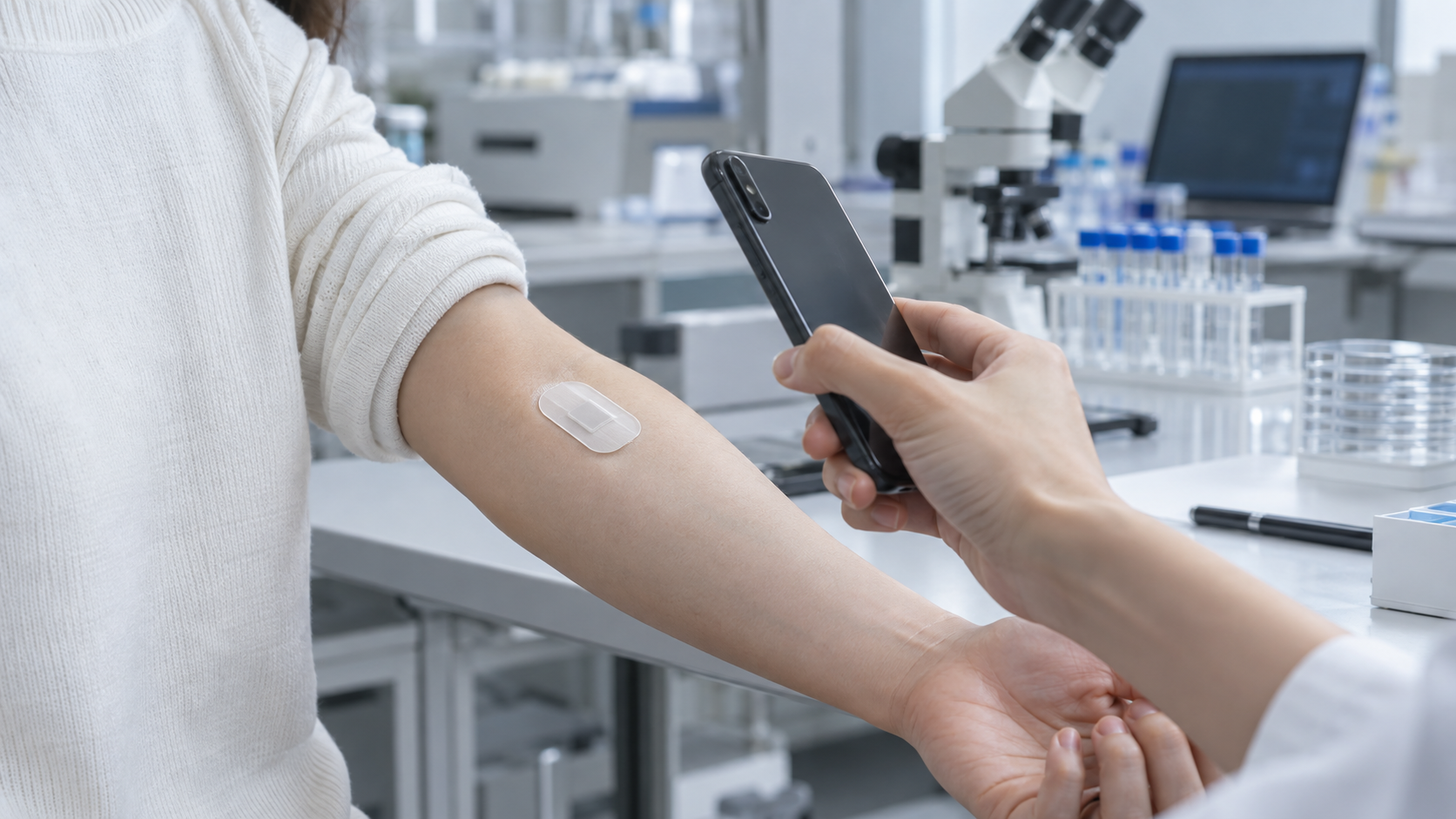 Hero image: holding a smartphone over a patch sensor on the forearm