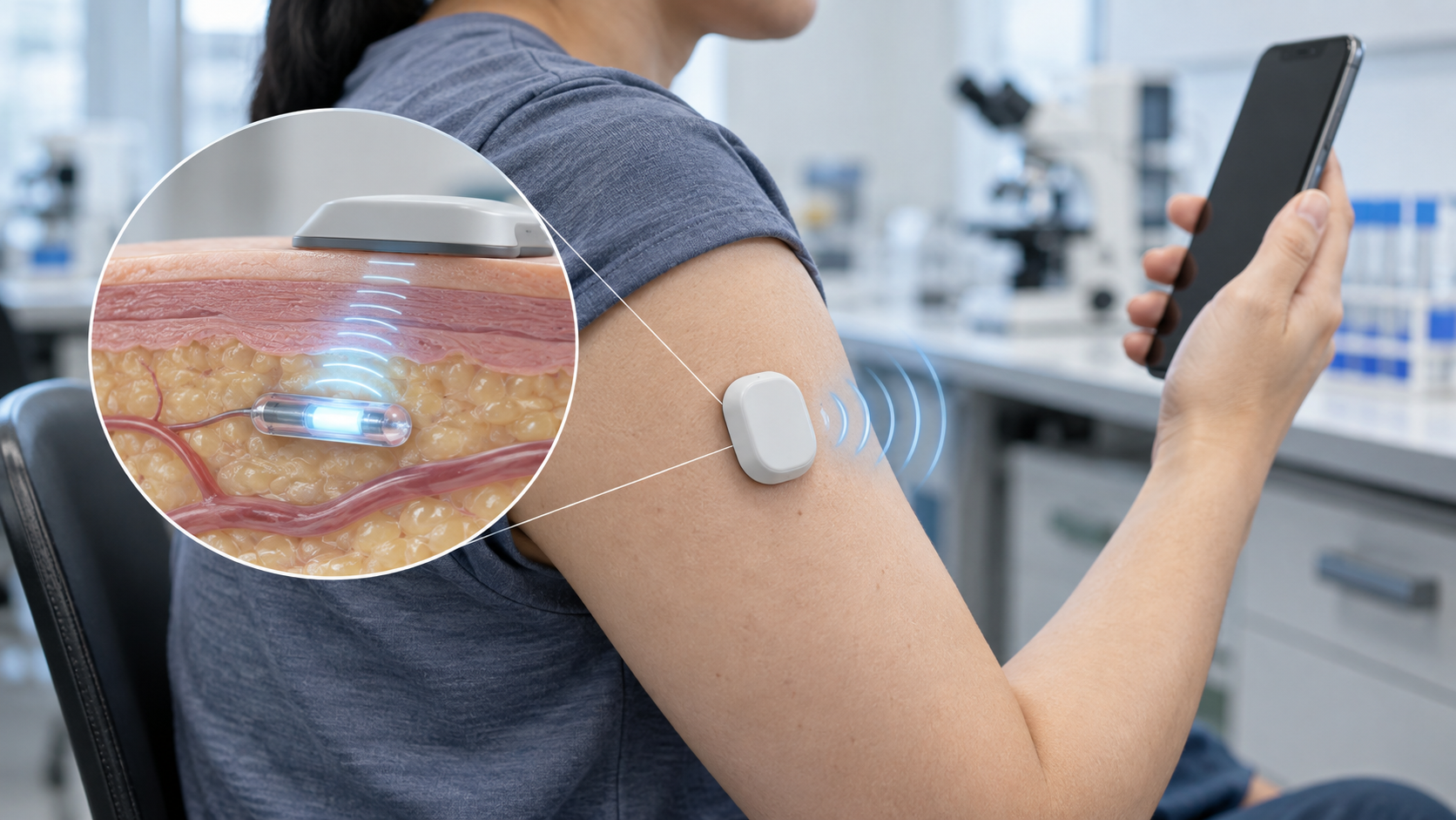 Concept image: a small sensor implanted under the skin measures glucose with a glowing gel, powered by an on-skin transmitter that sends readings to a smartphone