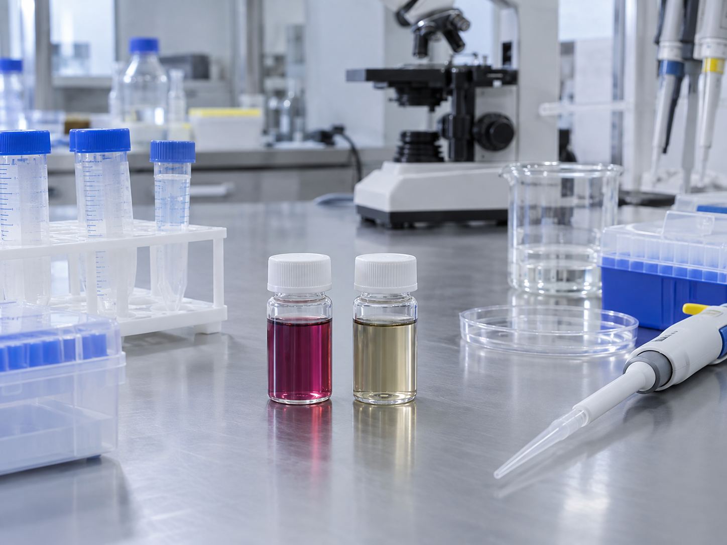 Fig. 4: a bench for preparing gold and silver colloids for SERS, with vials of each