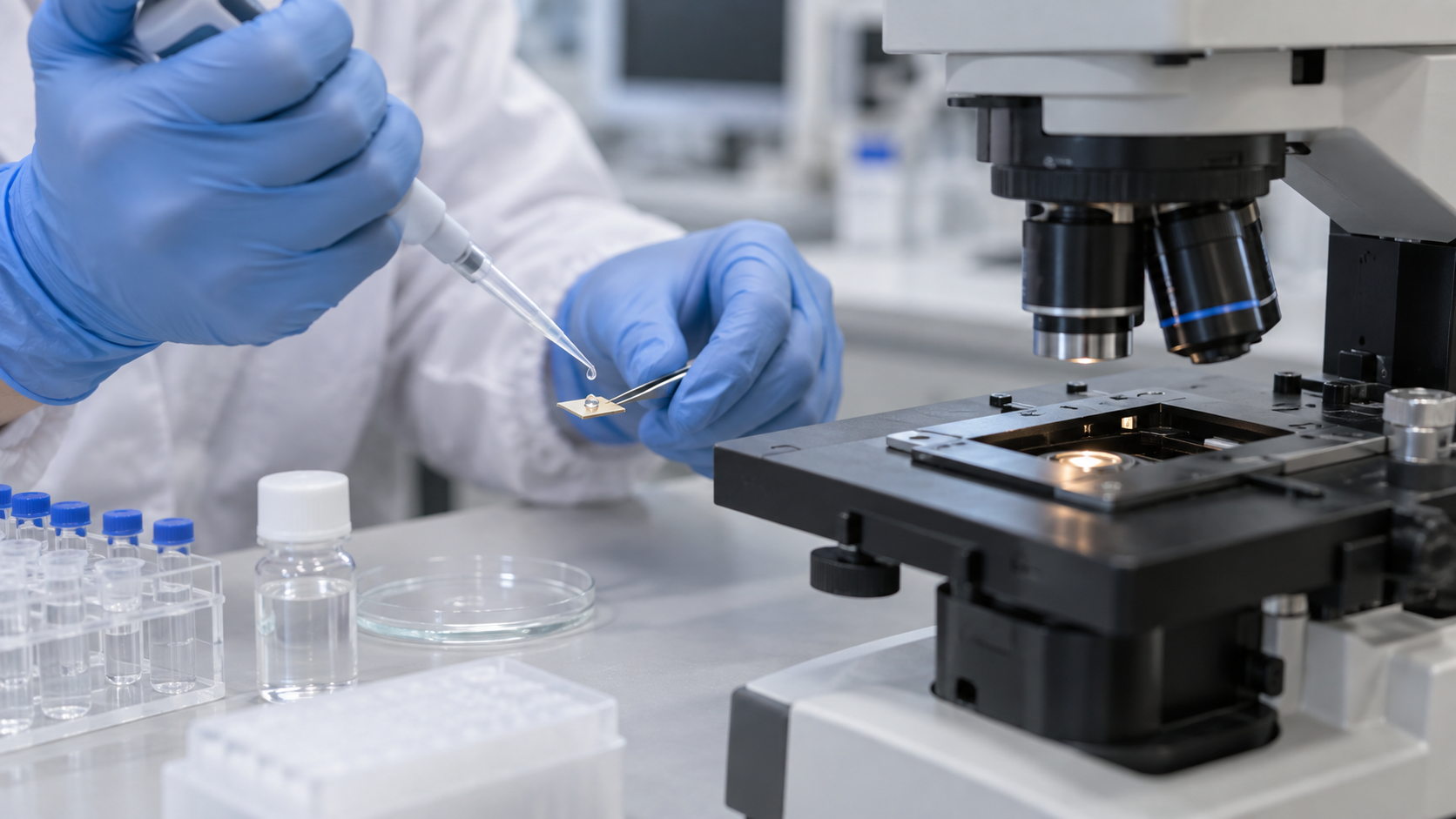 Hero image: placing a sample droplet on a SERS substrate chip on a Raman microscope stage
