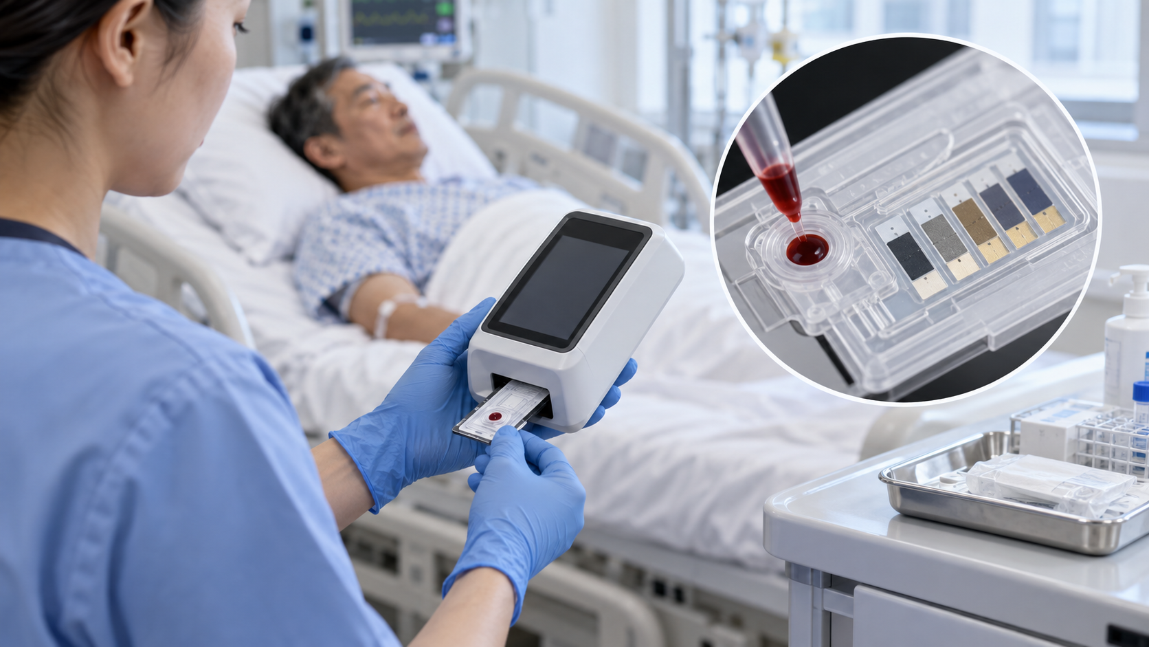 Concept image: a handheld blood analyzer used at the bedside, with an enlarged view of the single-use sensor card
