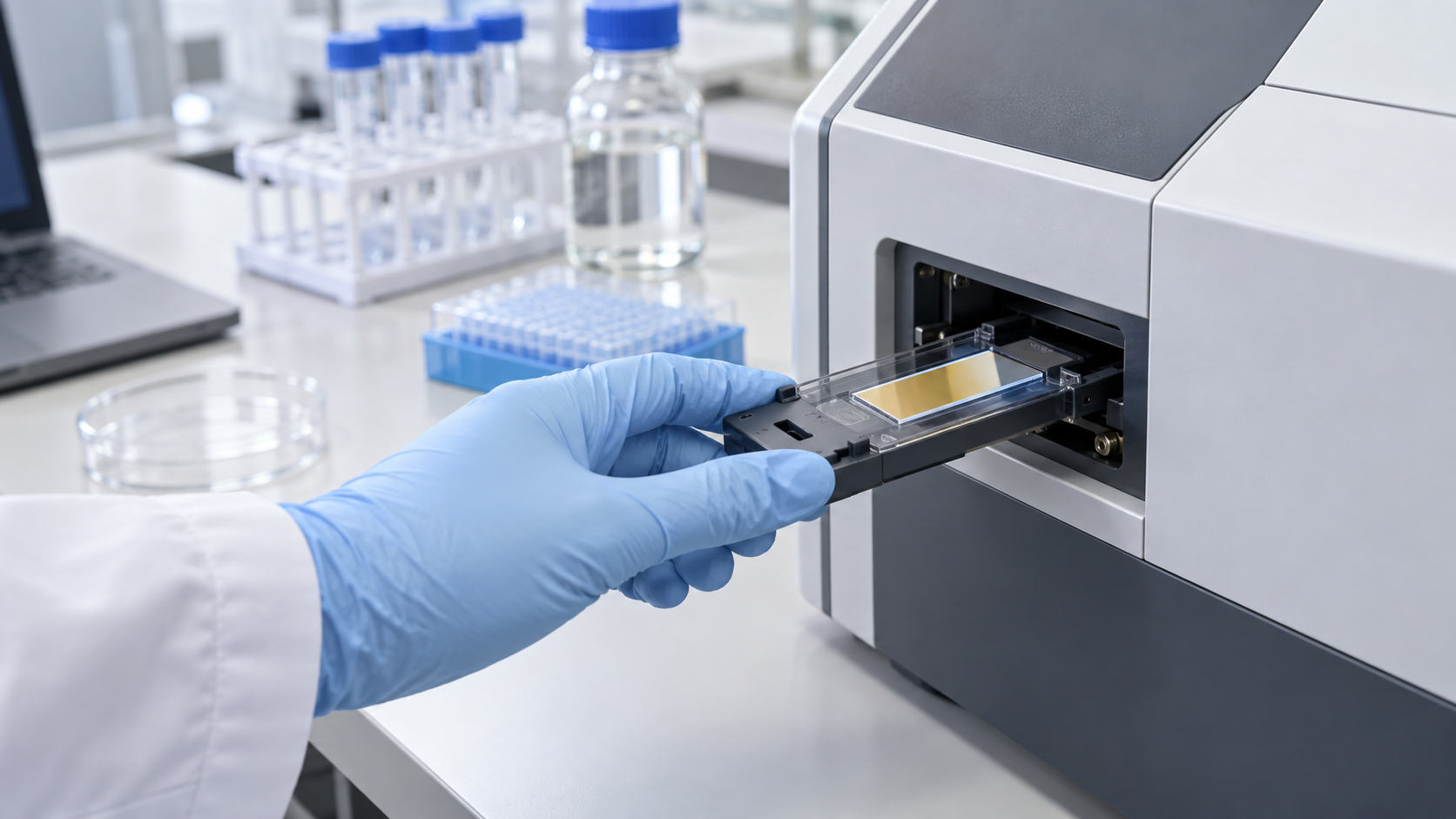 Hero image: loading a sensor chip into a benchtop SPR instrument