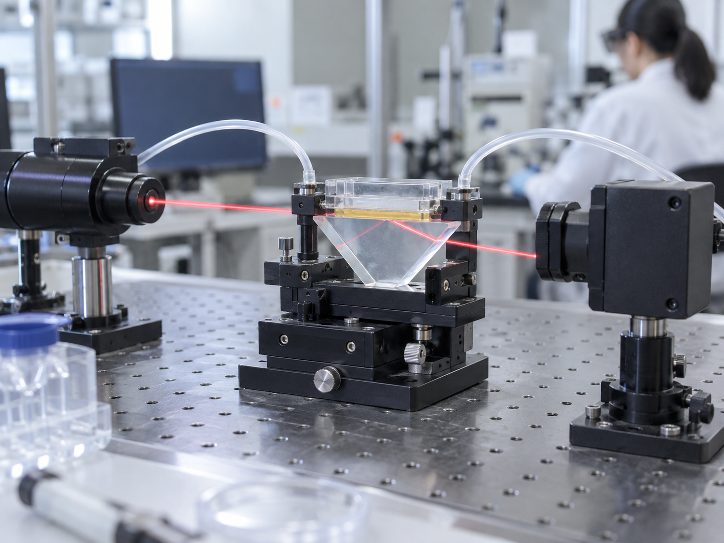 Fig. 2: the Kretschmann layout on an optical bench (source, prism, flow channel over gold, detector)