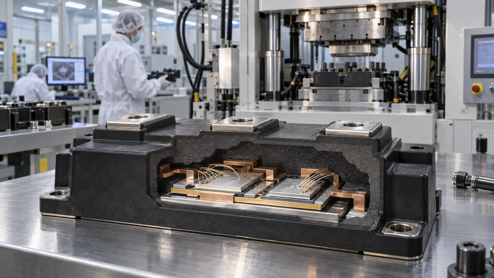 Concept image: molding semiconductor encapsulant, with finished large packages and power modules