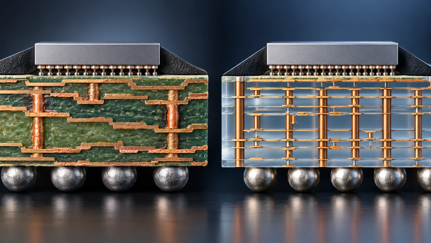 Cross-section comparison of an organic core and a glass core substrate