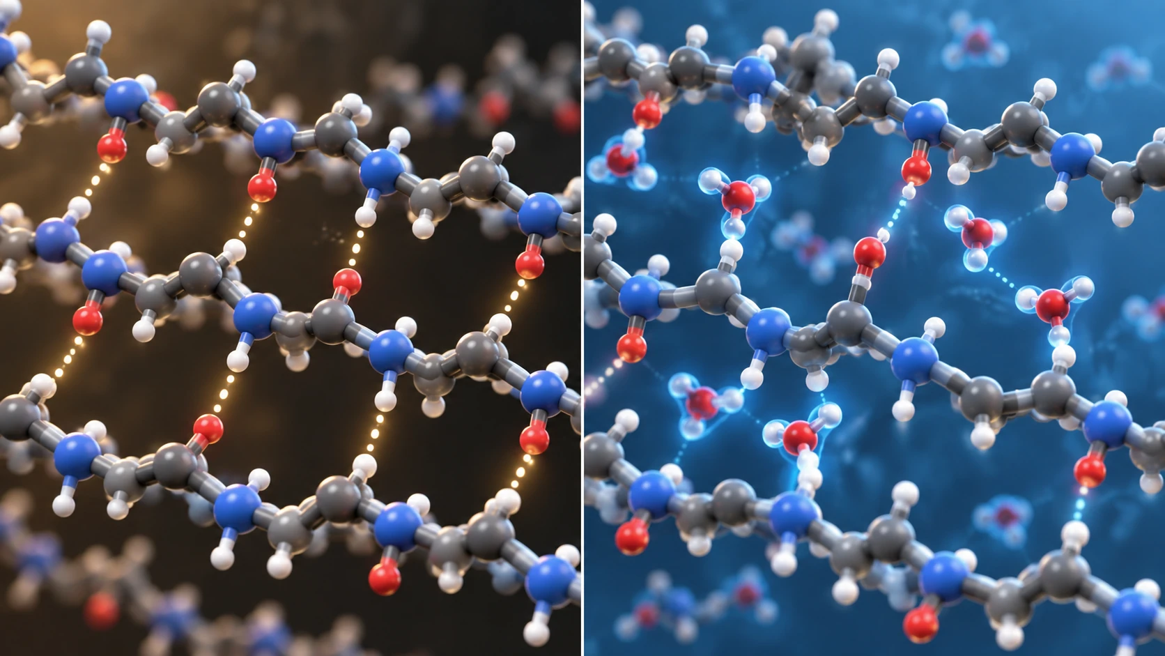 Conceptual diagram of hydrogen bonding and water uptake in polyamide
