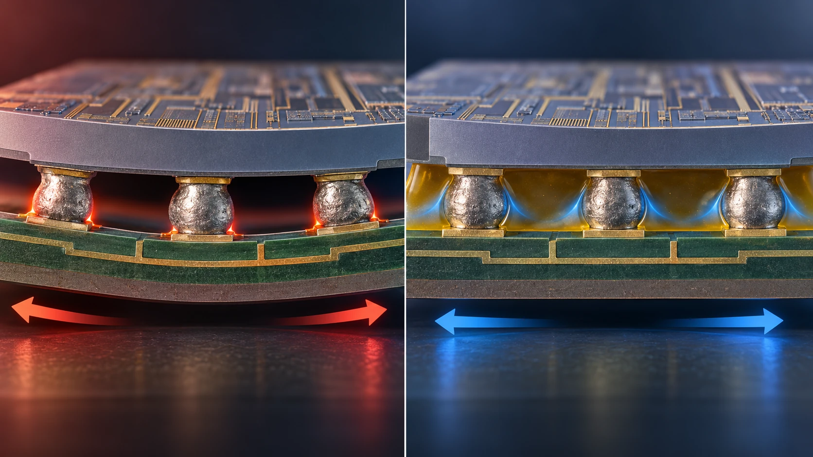 How expansion mismatch loads the bumps, and what underfill does
