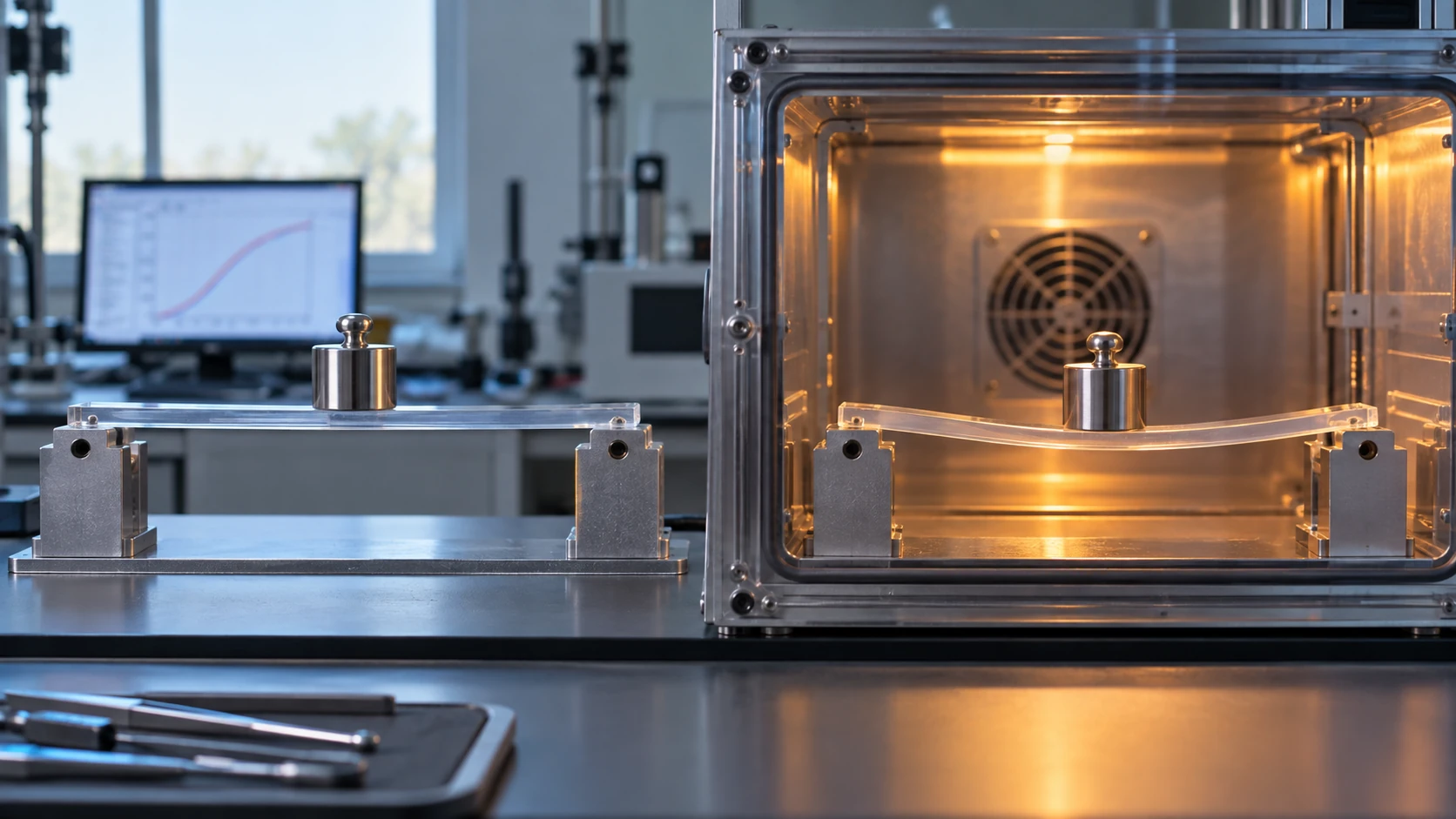 Conceptual image of a test room in which identical clear resin bars carry identical weights: the bar on the left at room temperature stays almost straight, while the bar on the right inside a heated chamber sags smoothly and far