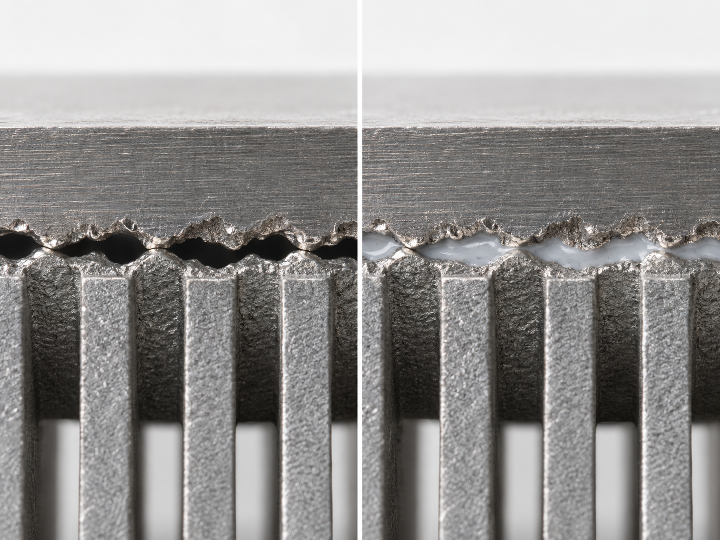 Magnified conceptual section of two rough metal surfaces. At left, only the asperity peaks touch and air remains in the valleys; at right, a TIM fills those valleys and reduces the air gaps. This is not a micrograph or a measurement of surface roughness, contact area, or dimensions.