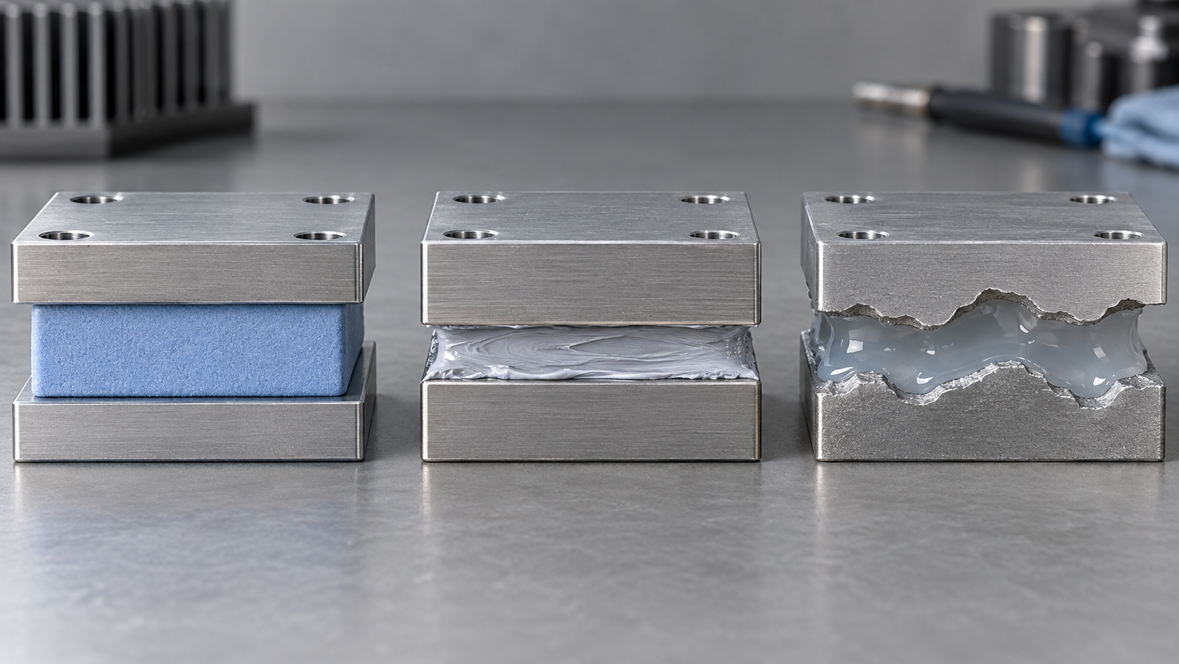 Fig. 4: TIMs in kind (grease, thermal pad, gap filler, phase change sheet, graphite, metal foil)