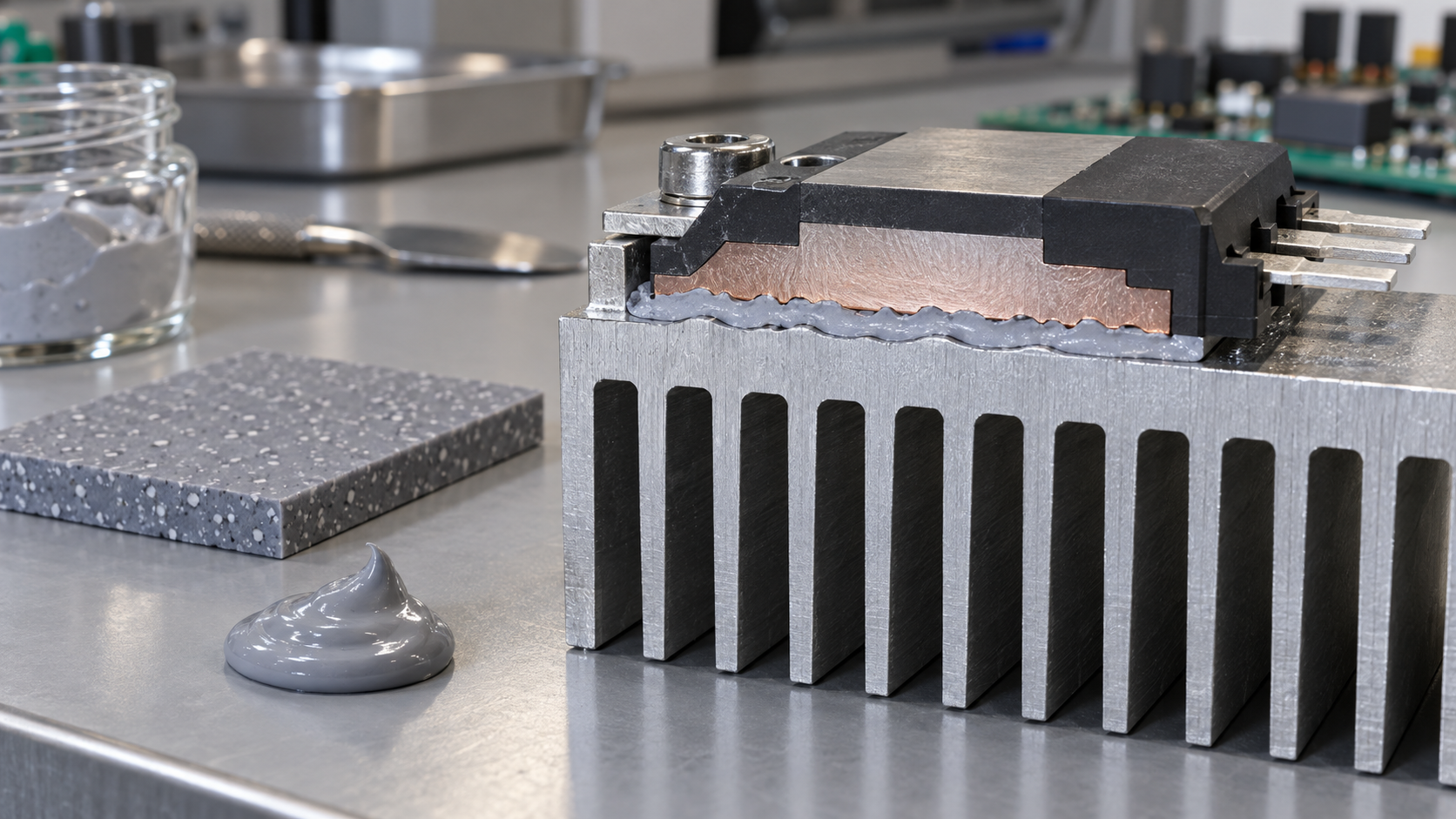 Hero image: a cutaway section of a package stack with chip, TIM, heat spreader, TIM and heat sink