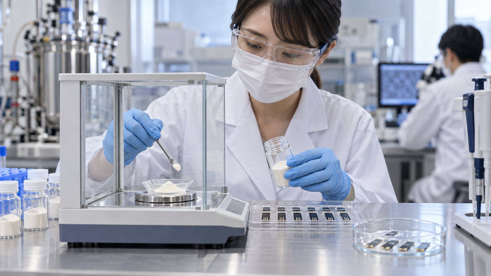 Concept image: weighing diagnostic enzyme powder and placing it on an electrode chip for a glucose sensor