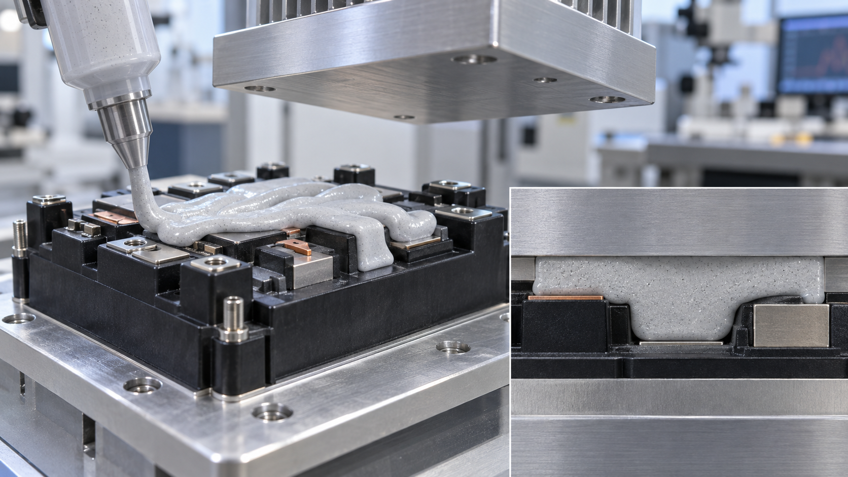 Hero image: dispensing gap filler onto a cooling plate