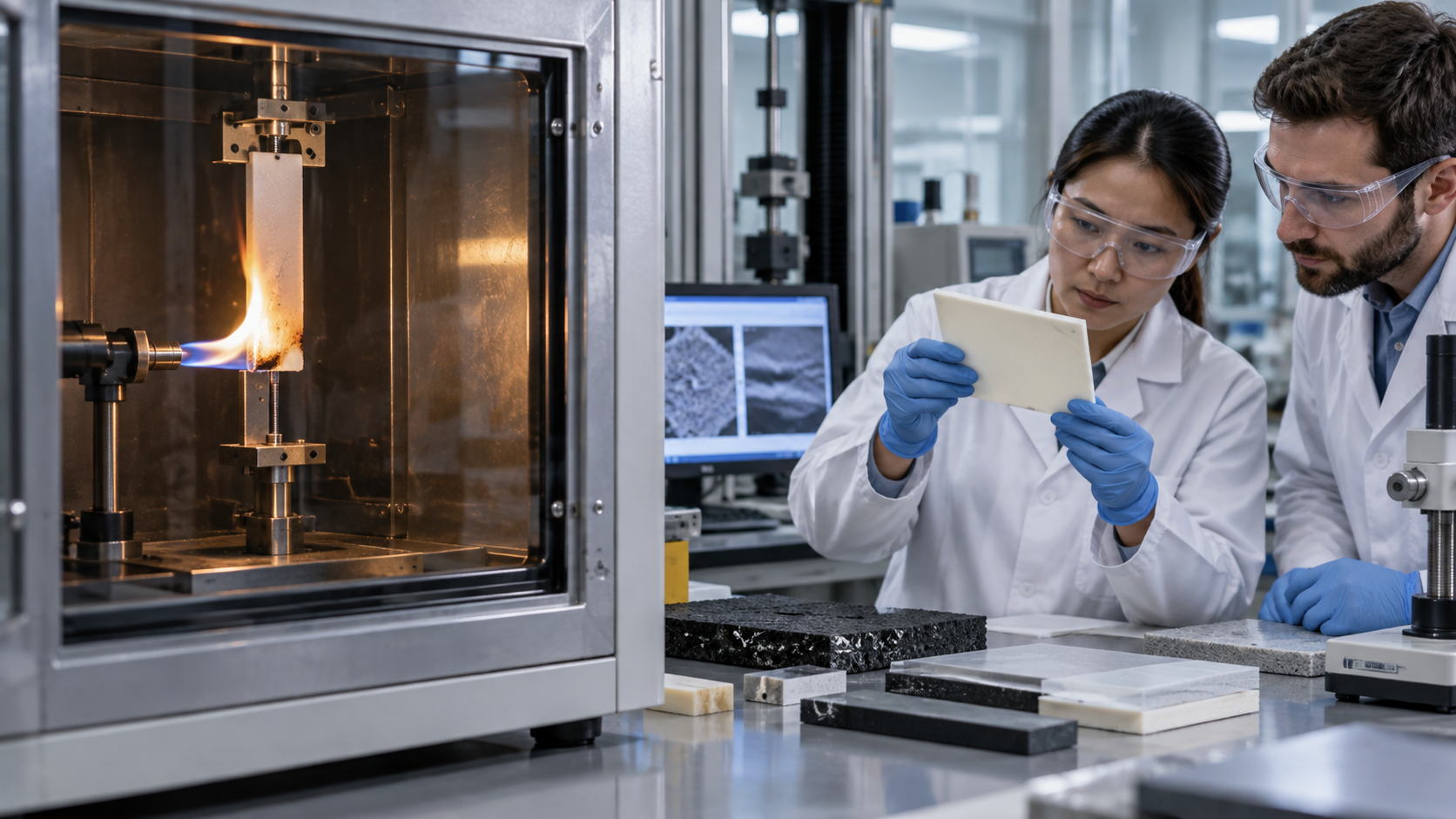 Conceptual view of testing and recording a material sample; not an actual UL laboratory or certified product.