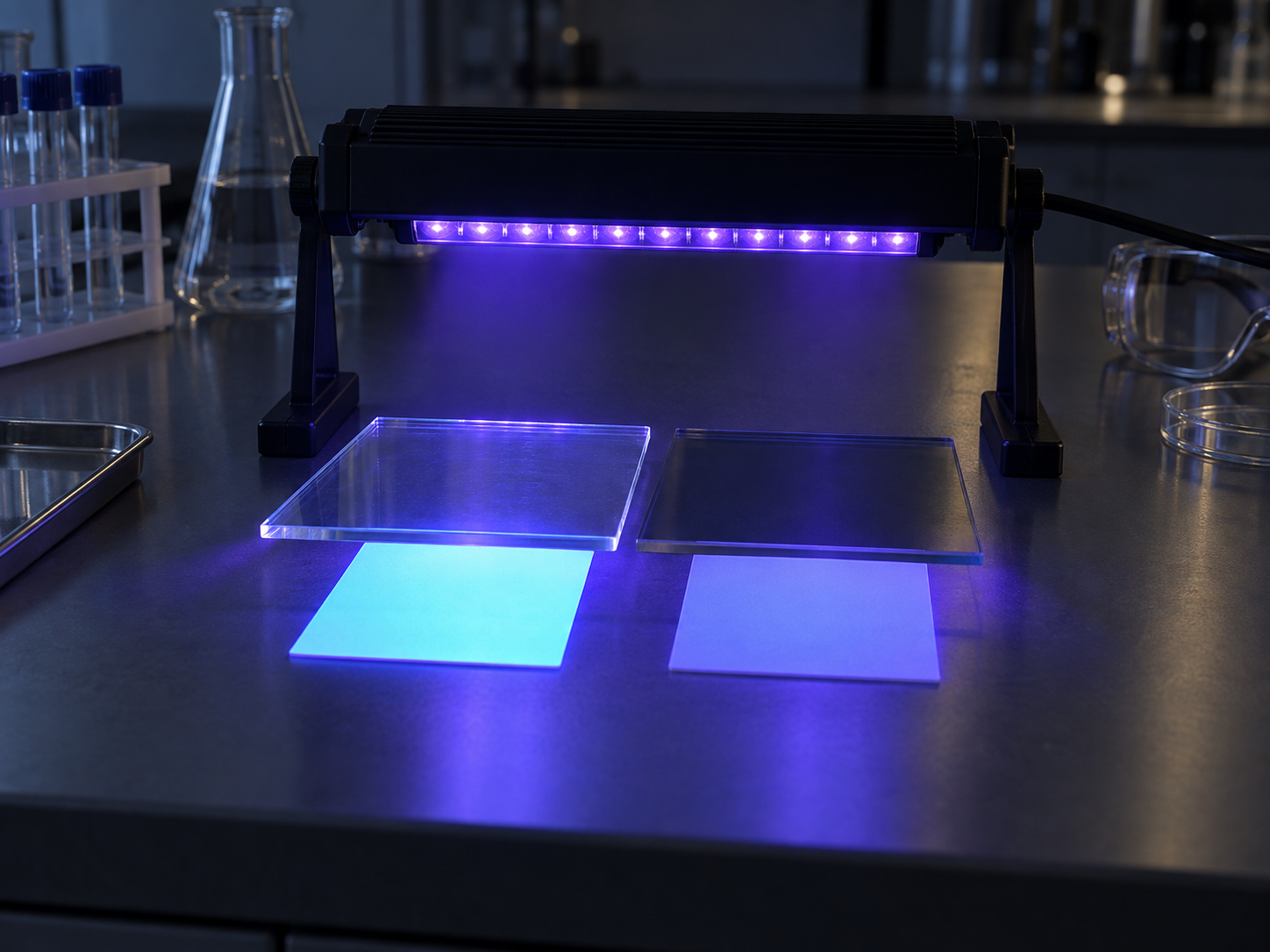 Fig. 5: shining a UV lamp through clear plates and comparing how fluorescent cards glow