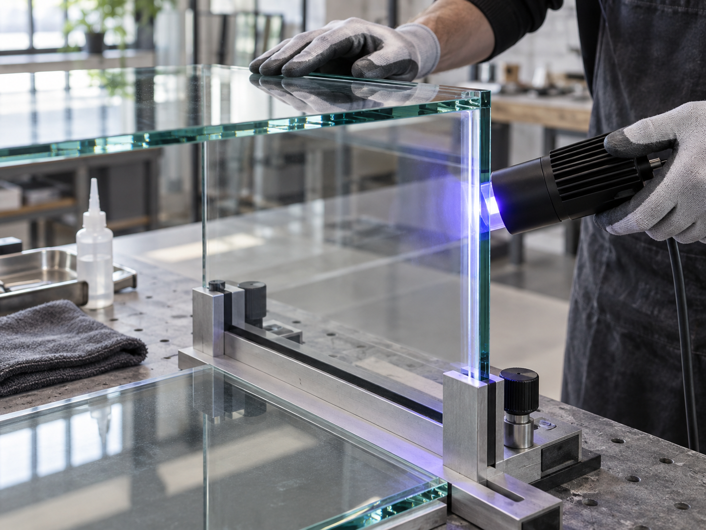 Fig. 6: UV-bonded glass shelf and a glass-to-metal bracket joint