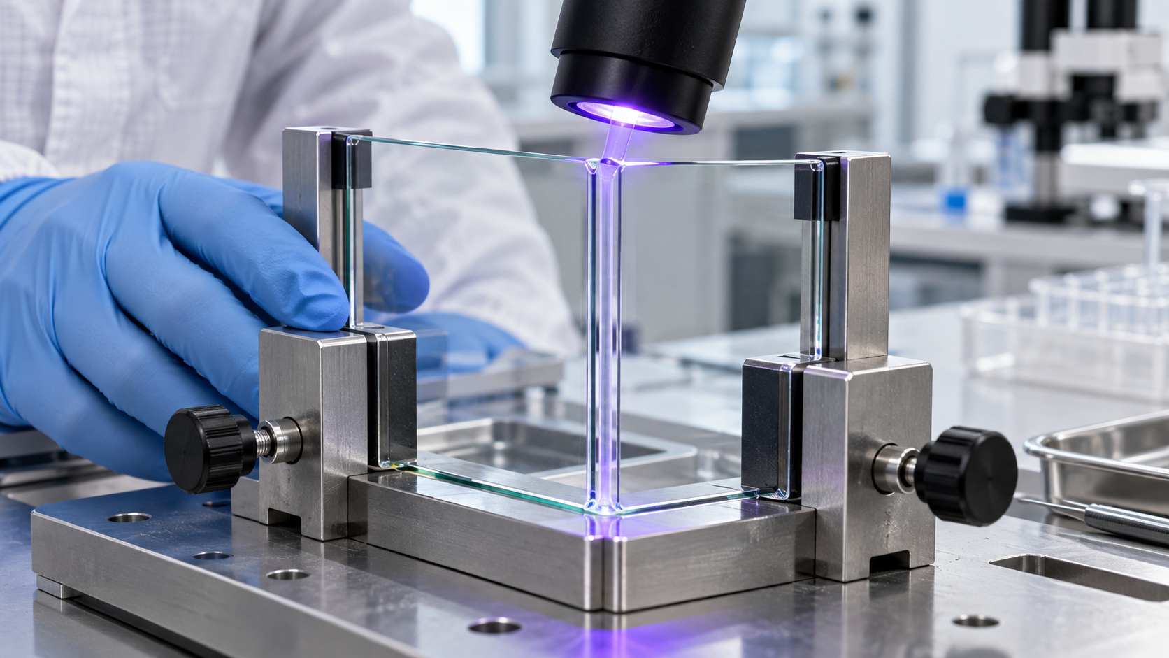 Hero image: a workbench where a glass plate and a metal bracket are bonded and cured with a UV-LED