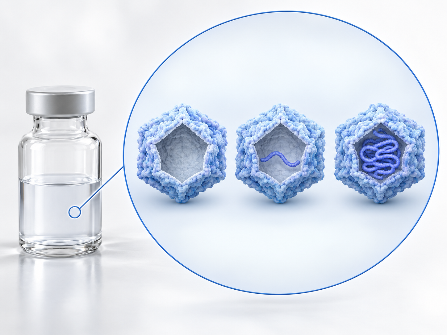 A plain vial of clear liquid at left; a conceptual enlargement at right shows three capsids with the same outer form: one empty, one partly filled with a short nucleic-acid strand, and one containing a longer vector genome