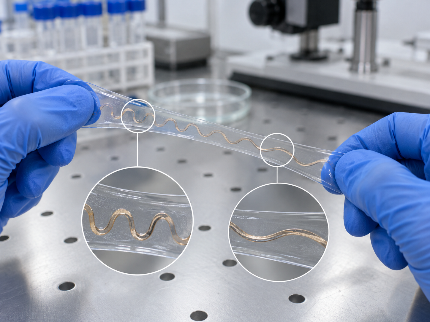 Fig. 5: wavy wiring on a stretchable silicone sheet being pulled by fingers (with magnified windows)