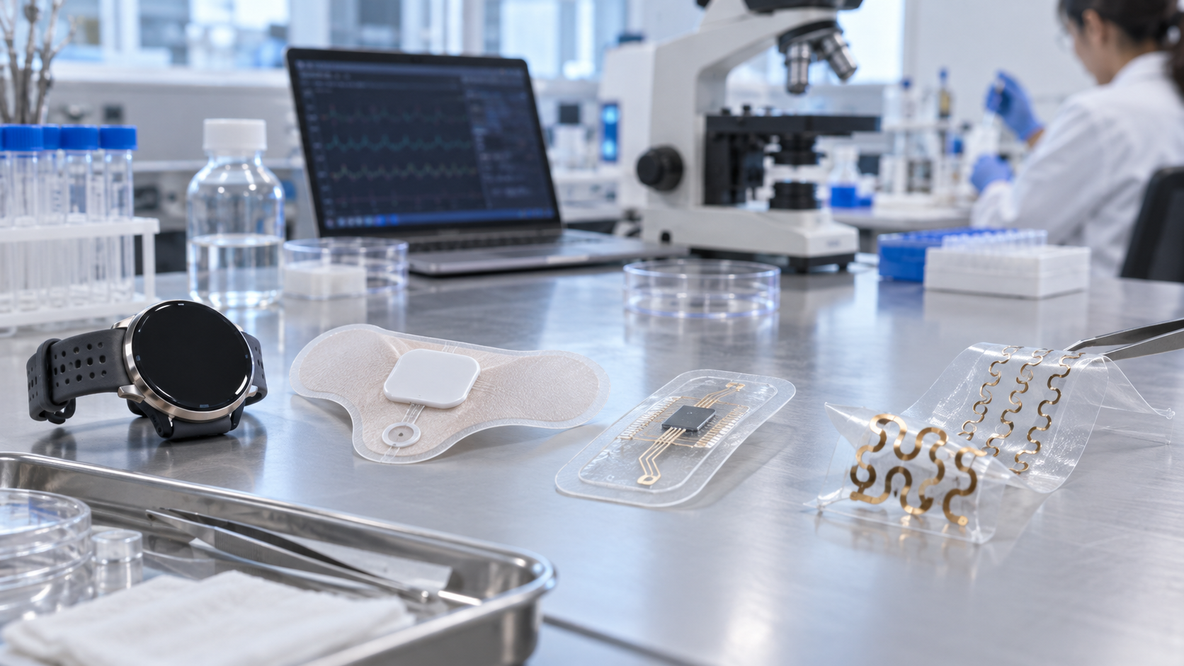 Hero image: a lab bench with wearable sensor prototypes (watch-type, chest patch, forearm patch, stretchable-wiring sample)